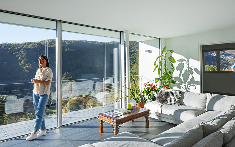 Adult smiling woman standing in front of clean windows at home