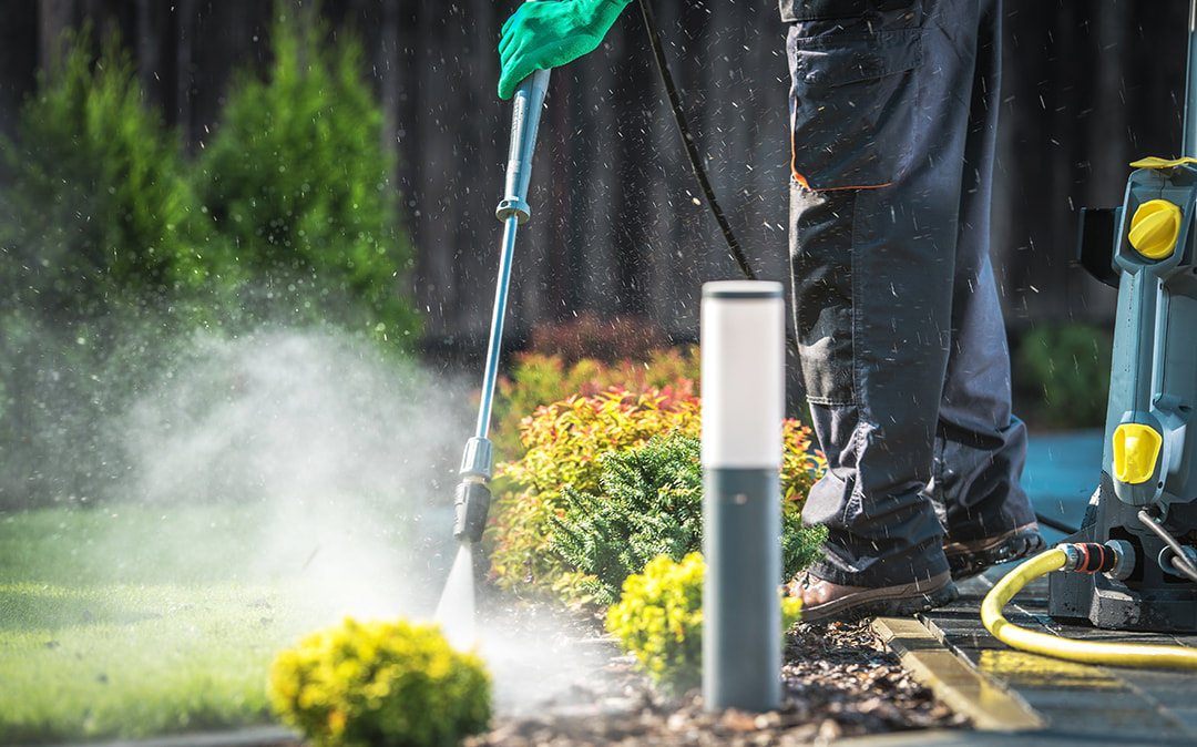 Backyard Patio Garden with Raised Garden Beds being pressure washed